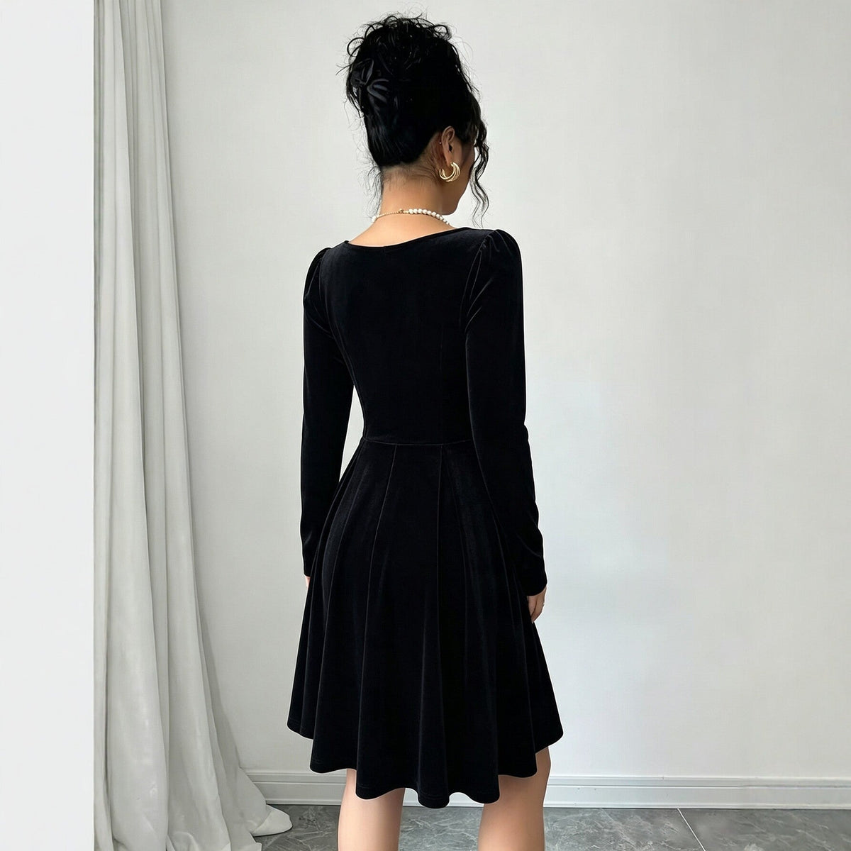 Women Clothing French Vintage Velvet Square Collar Dress Women Pearl Trim Waist Slimming A line Dress  DestGlow