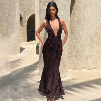 Lace Pleated Maxi Dress Women Sexy Deep V Plunge neck Backless Sheath Dress by Ragazza