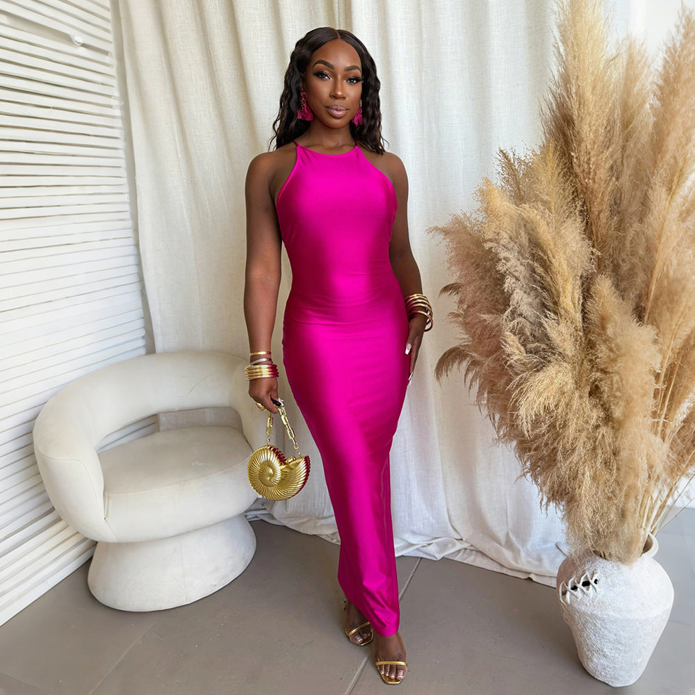Women Slim Fit Halter Solid Color Long Dress by Ragazza