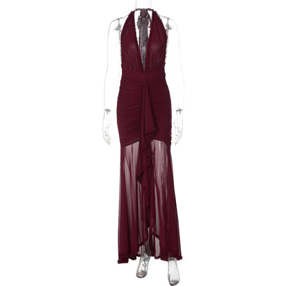 Summer Mesh Stitching Elegant Dress Maxi Dress V neck Halter Backless Sexy Dress Women by Ragazza