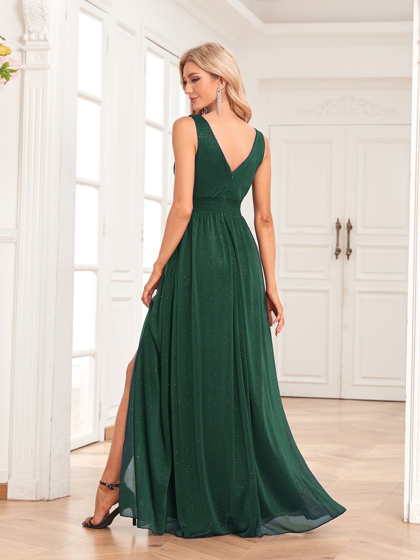 Sparkling Chiffon Sleeves Evening Dress Double V Neck A Line Bridesmaid Party Dress Side Slit Mopping by Ragazza