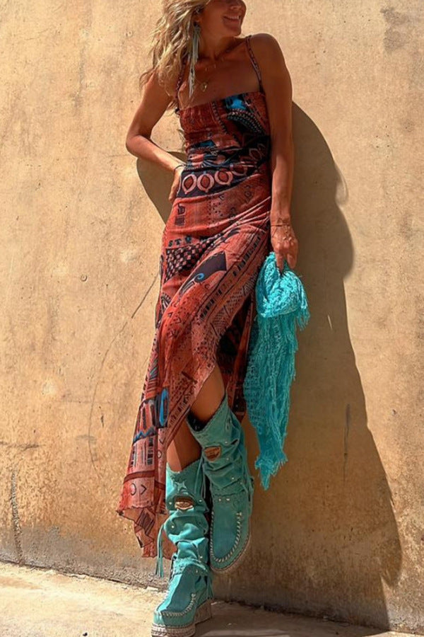 Sexy Sleeveless Printed Stretch Split Straps Tulle Dress by Ragazza