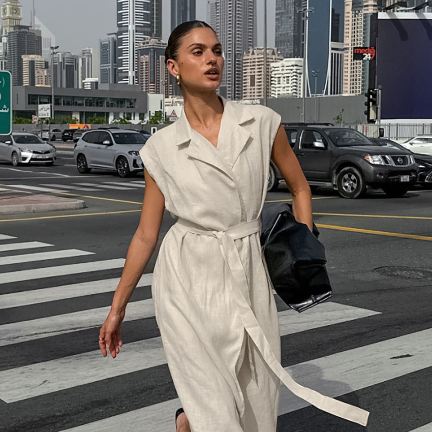 Women Cotton Linen Collar Belt Office Dress Spring Summer Dress by Ragazza