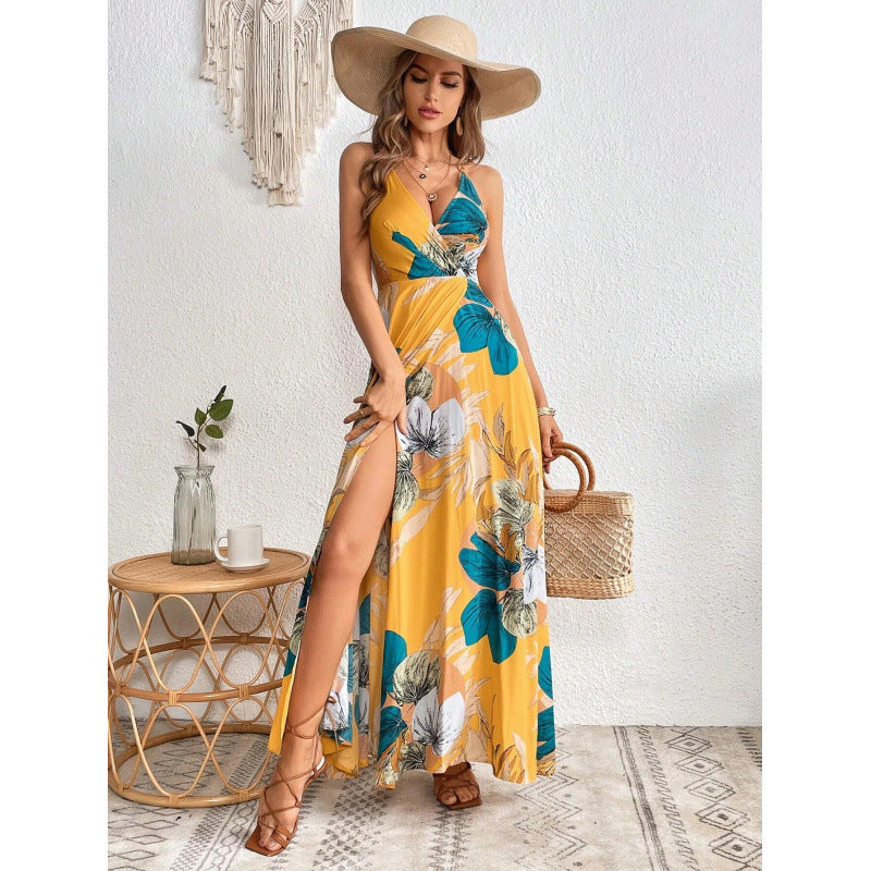 Real Shot Tropical Printing Thigh Fork Sling Dress by Ragazza
