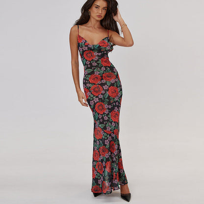 Spring Fashionable Sexy V neck Elegant All Match Slim Fit Long Printed Cami Dress for Women by Ragazza