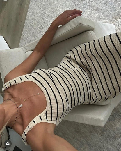 Striped Vest Contrast Color Beach Vacation Sexy Dress Knitted Sunken Stripe Maxi Dress Summer Women by Ragazza