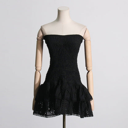 Spring Sexy Sexy Elastic Waist Tube Top Embroidered Ruffled Short Dress for Women by Ragazza