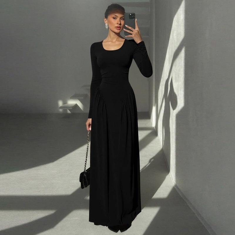 Women Autumn French U Shaped Collar Solid Color Long Sleeve Tied Waist Slimming Dress by Ragazza