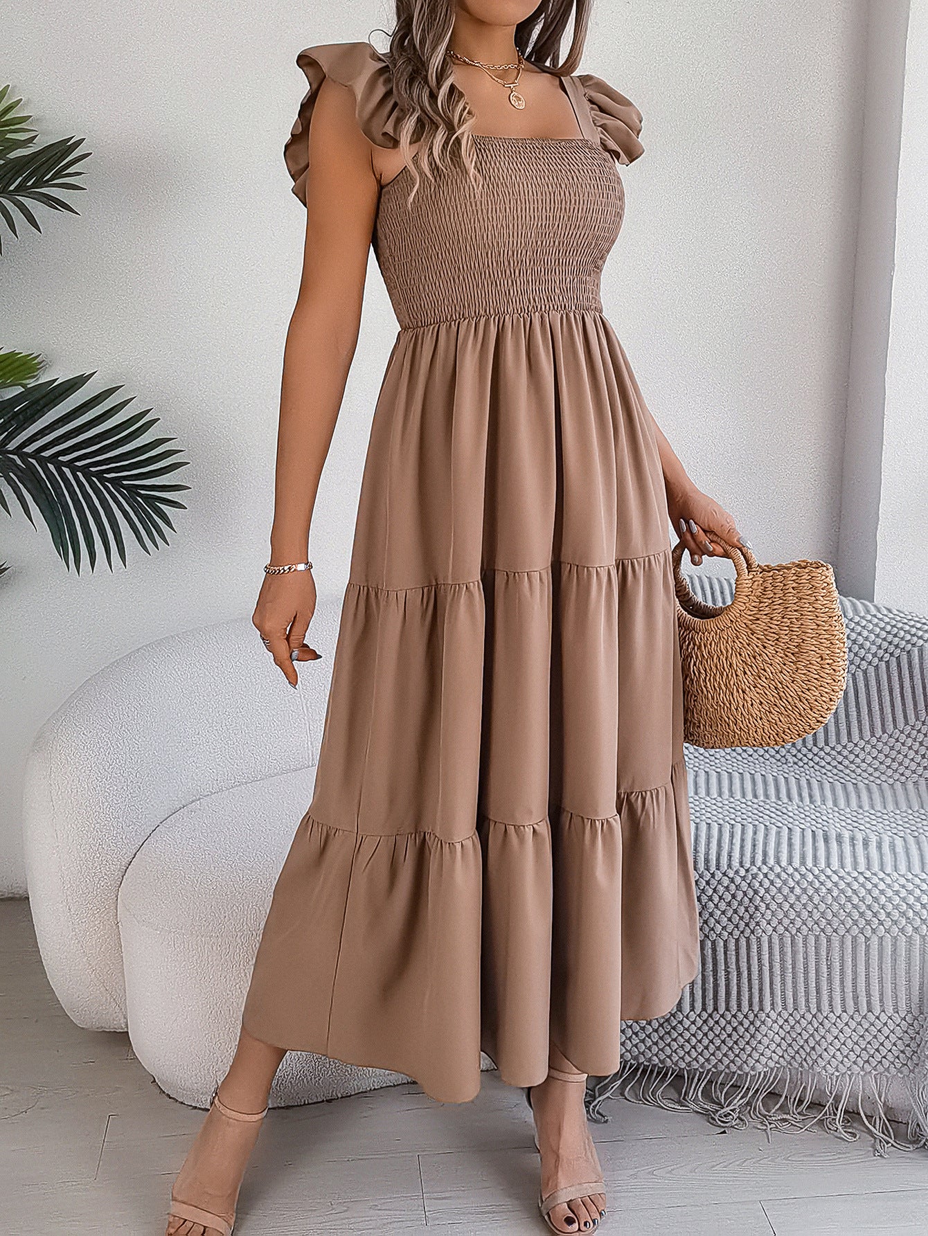 Summer Solid Color Square Collar Wooden Ear Waist A line Dress Women Clothing by Ragazza