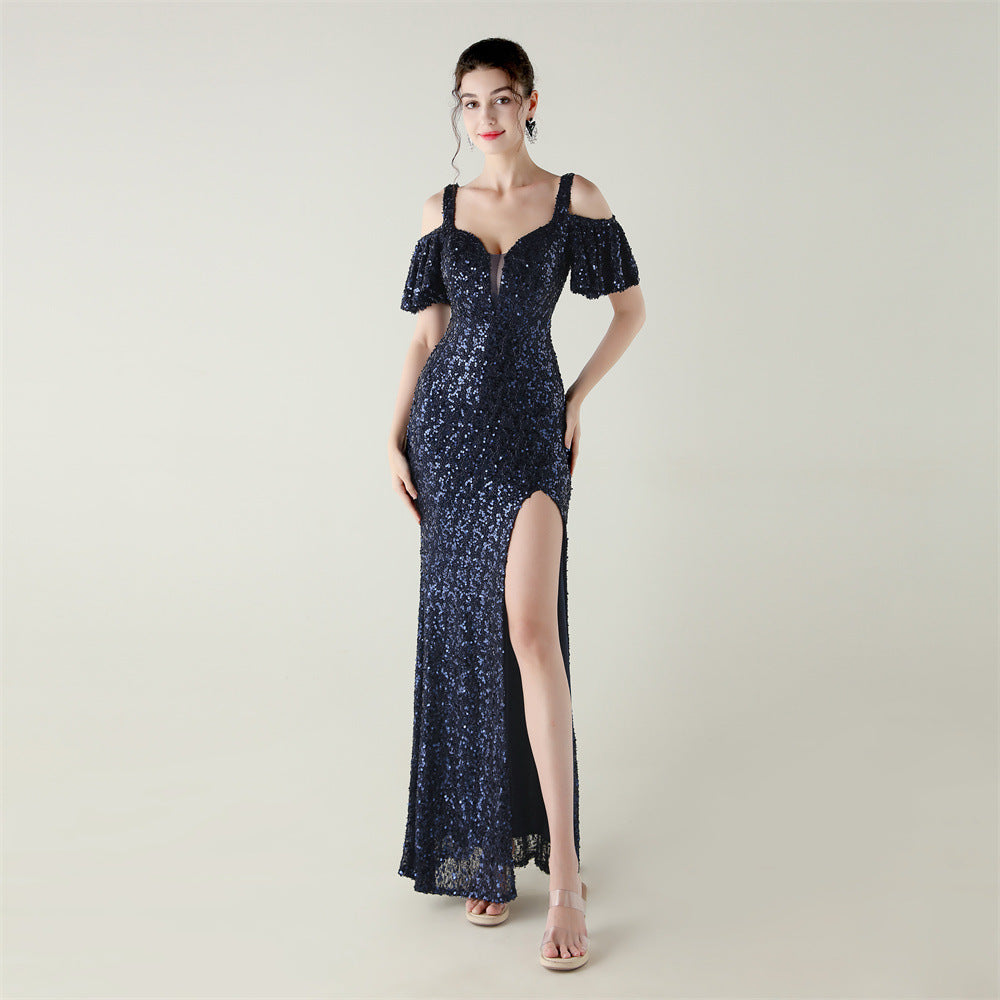 Bead Tube Sequin Heavy Industry Evening Dress Short Sleeve off the Shoulder Deep V Plunge High Slit Fishtail Dress Cocktail Socialite by Ragazza