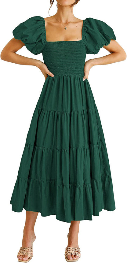 Summer Women Clothing Square Collar Backless Puff Sleeve Pleated Short Sleeves Dress by Ragazza