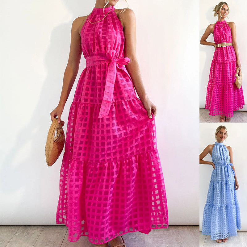 Spring Summer Stand Collar Solid Color Plaid Retro Maxi Dress Casual Dress for Women by Ragazza