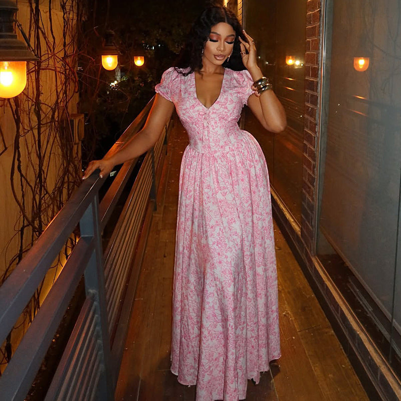 Sweet Women Clothing Printing Elegant A line Dress Pleated V neck Bubble Sleeve Length Dress by Ragazza