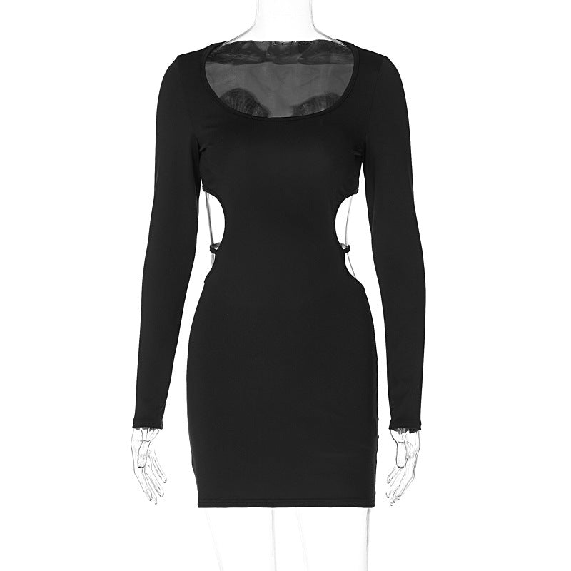 Women Clothing Spring Solid Color Sexy Waist Hollow Out Cutout out Lace up Slimming Slim Dress by Ragazza