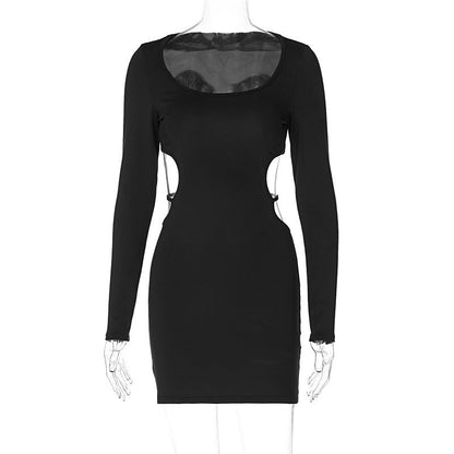 Women Clothing Spring Solid Color Sexy Waist Hollow Out Cutout out Lace up Slimming Slim Dress by Ragazza