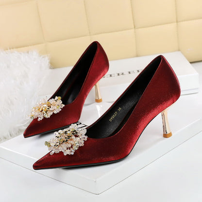 French Metal High Heel Women Shoes Rhinestone Floral Decoration Pointed Toe Satin Stiletto Heel Pumps Women  DestGlow