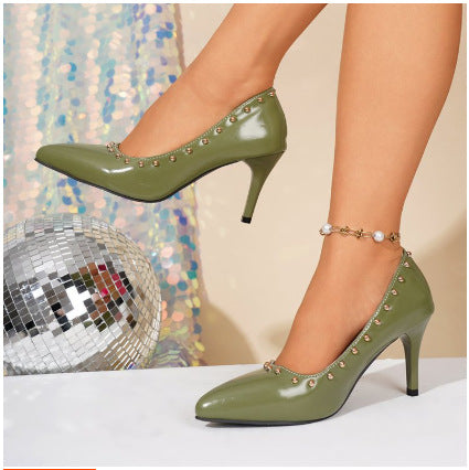 Pointed Rivets Stiletto Heel Pumps Women Low Cut Slip on High Heel Shoes  DestGlow