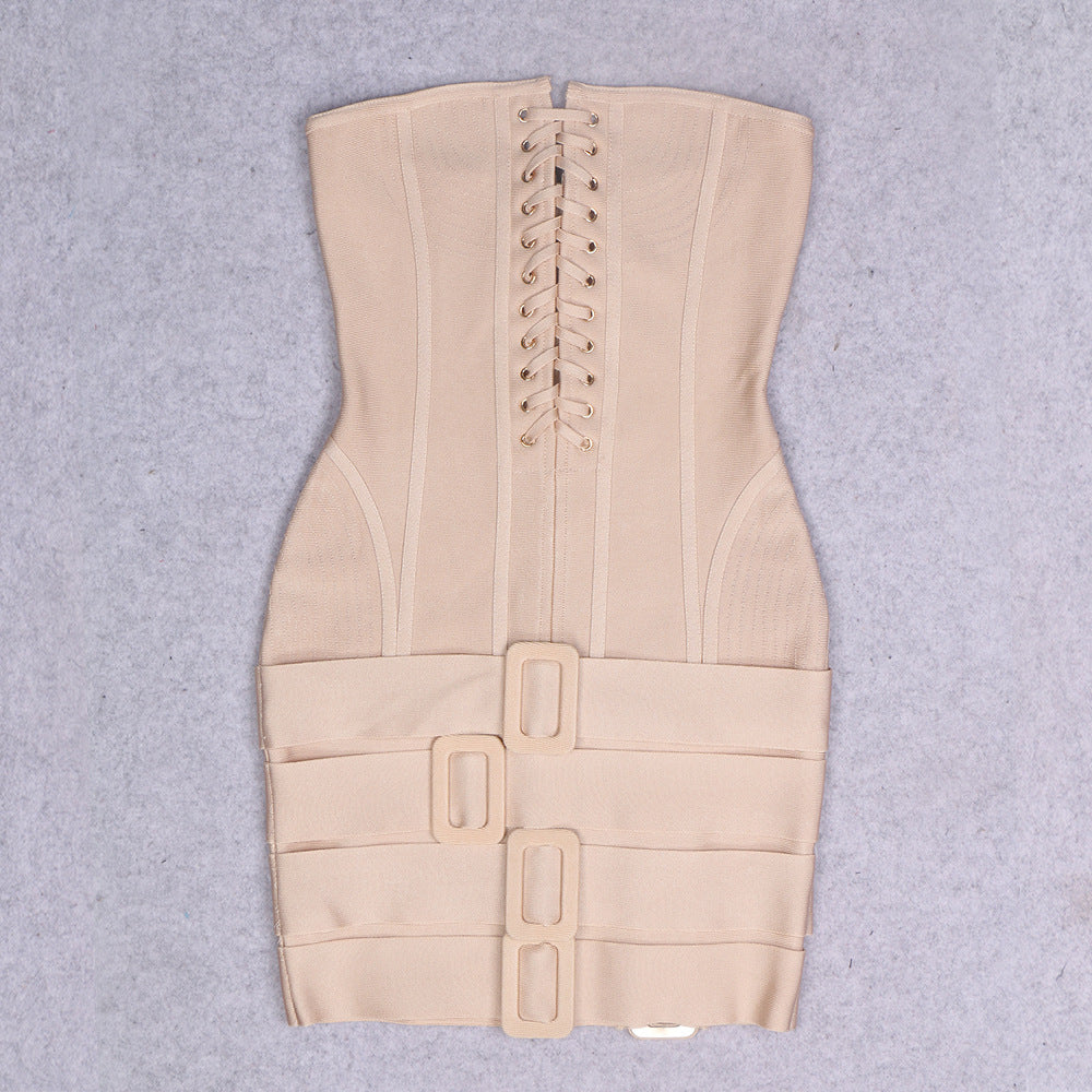 Knitted Apricot Tube Top Cloth Bag Buckle Party Bandage Sexy Backless Dress Crisscross by Ragazza