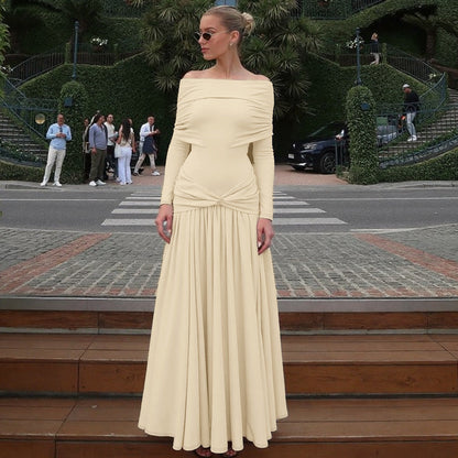 French Women Autumn off Neck Cinched Pleated Long Sleeve Dress by Ragazza