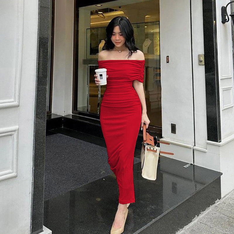 Spring Off Shoulder Pleated Dress Slim Fit Slimming Slit Bottoming Formal Dress by Ragazza