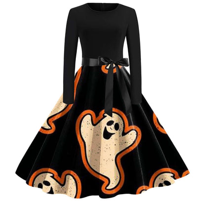 Women Clothing with Bowknot Halloween Dress Long Sleeve round Neck Holiday Princess Dress by Ragazza