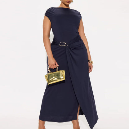 Summer Women Solid Color round Neck Slim Slimming Slit Dress by Ragazza