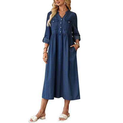 Women Clothing French Long Sleeve V neck Denim Maxi Dress by Ragazza