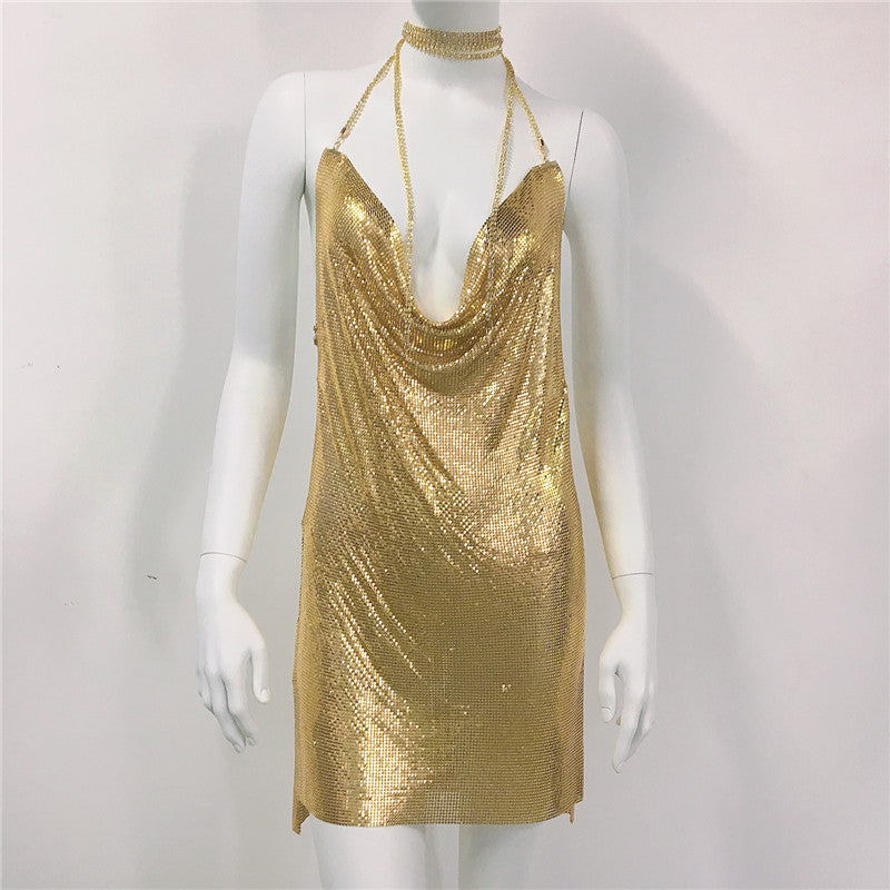 Metallic Coated Fabric Women Clothing Metal Sequ Dress Sexy Sweet Spicy Dress Rhinestone Cami Dress Women by Ragazza