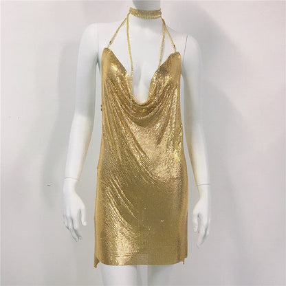 Metallic Coated Fabric Women Clothing Metal Sequ Dress Sexy Sweet Spicy Dress Rhinestone Cami Dress Women by Ragazza
