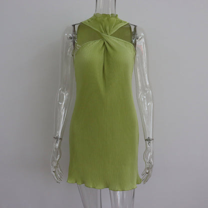 Round Neck Twisted off Shoulder Short Dress Women Summer Pleated Sexy Dress by Ragazza
