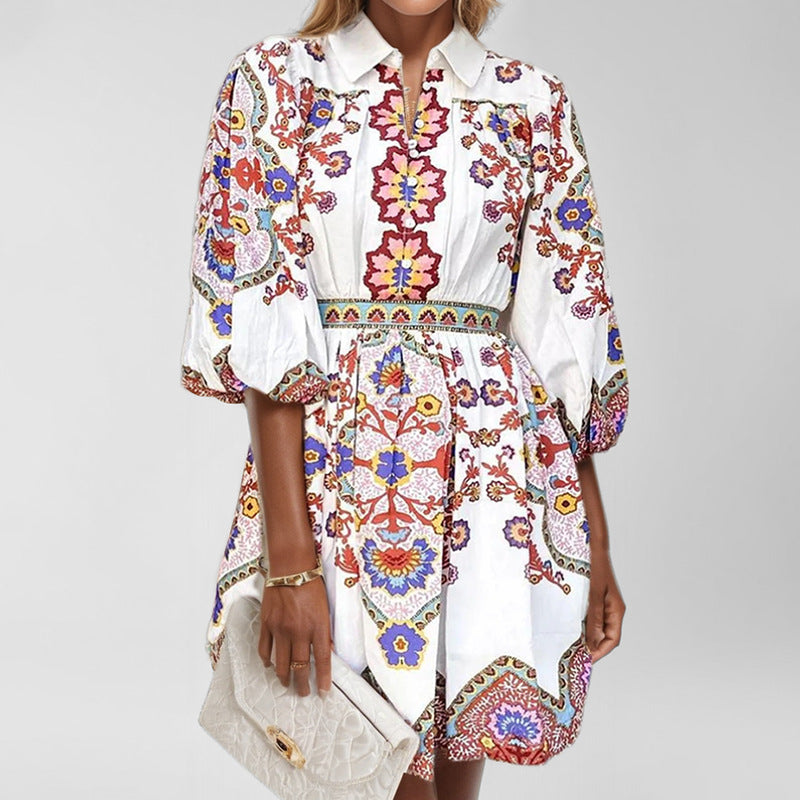 Spring Women Clothing V neck Lantern Sleeve Printed Waist Slimming Dress by Ragazza