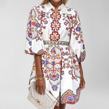 Spring Women Clothing V neck Lantern Sleeve Printed Waist Slimming Dress by Ragazza