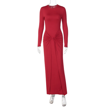 Women Clothing Winter Elegant Slim Twist Fold round Neck Long Sleeved Dress by Ragazza