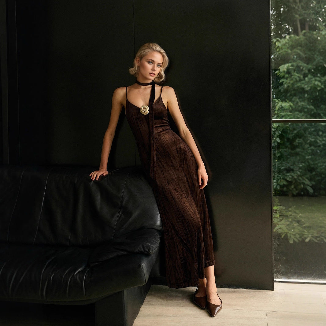 Cocktail Retro Brown Lace up with Corsage Decoration Velvet Pleated Sexy Cami Dress by Ragazza