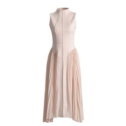 Summer Stand Collar Elegant Slightly Mature Dress Design Pleated Patchwork Waist Slimming Slimming Dress Long Dress by Ragazza