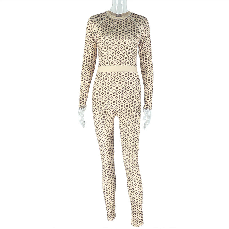 Casual Home Women Slim Fit Elastic Waist Tightening Jumpsuit Print round Neck Long Sleeve Jumpsuit by Ragazza