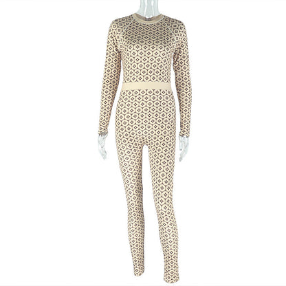 Casual Home Women Slim Fit Elastic Waist Tightening Jumpsuit Print round Neck Long Sleeve Jumpsuit by Ragazza