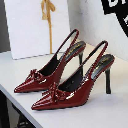 Sexy Nightclub Goddess High Heels Bow Patent Leather Pointed Toe Slingback Back Strap Pumps  DestGlow