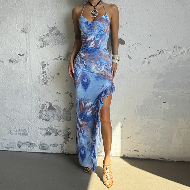 Pocket Collar Print Holiday Dress Spring Summer Sleeveless Split Maxi Dress by Ragazza