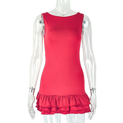 Women Wear Slim Fitting Cool Pleated Sleeveless round Neck Solid Color Office Short Dress by Ragazza