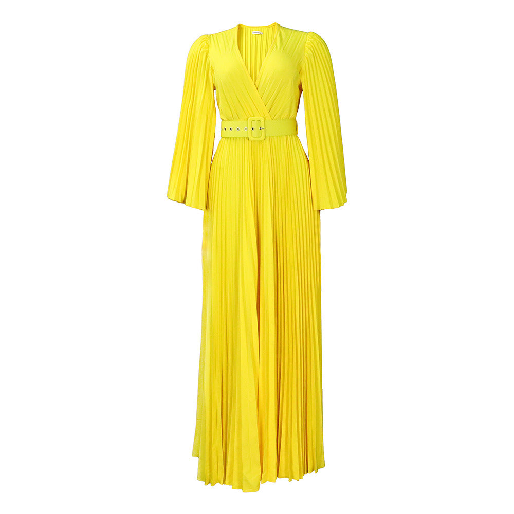 Women Clothing V neck Sexy Pleated Formal Swing Dress Maxi Dress by Ragazza