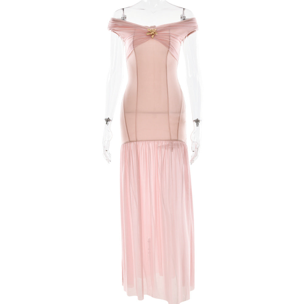 Elegant Tube Top Ladies Dress Sexy Mesh Stitching Backless Pleated Slim Fit Maxi Dress  DestGlow