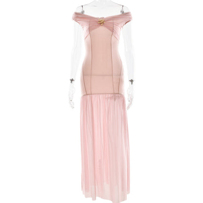 Elegant Tube Top Ladies Dress Sexy Mesh Stitching Backless Pleated Slim Fit Maxi Dress  DestGlow