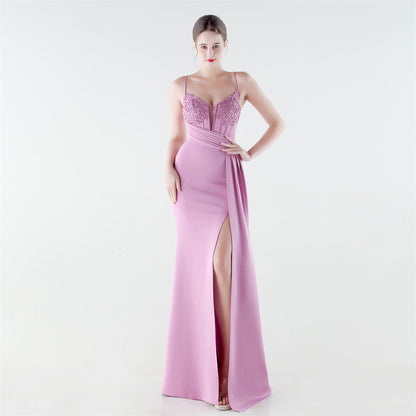Deep V Plunge Waist Tight High Slit Sequin Embroidered Strap Slim Fit Elegant Evening Dress by Ragazza