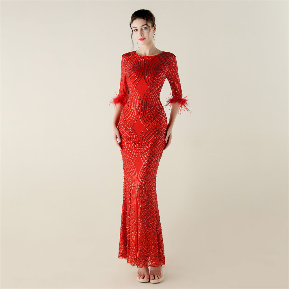 Positioning Floral Sequin Craft Order Ostrich Feather Decorative Evening Dress Long Sleeve Fishtail Cinched Peplum by Ragazza