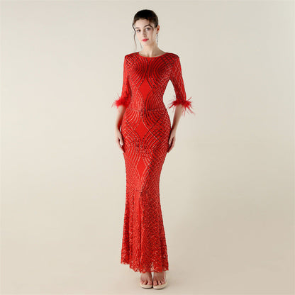 Positioning Floral Sequin Craft Order Ostrich Feather Decorative Evening Dress Long Sleeve Fishtail Cinched Peplum by Ragazza
