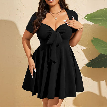 Black Women Wear Elegant Pinch Pleated V neck Lace up Short Sleeve A line Short Dress by Ragazza
