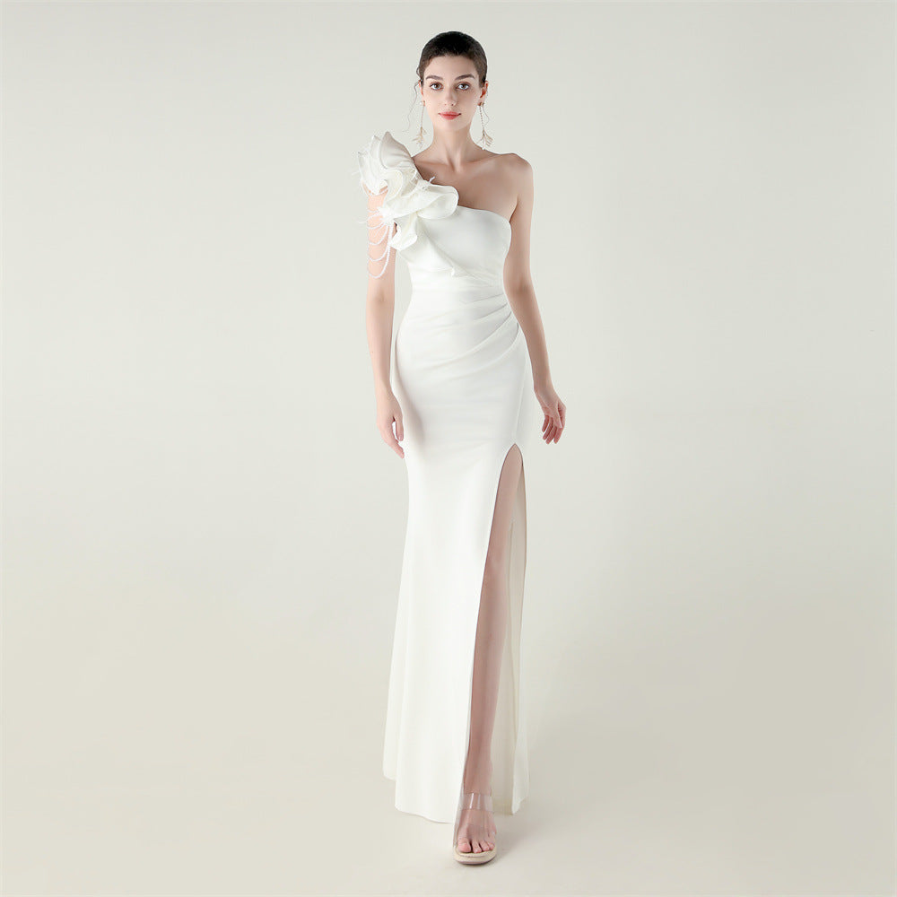 Single Shoulder Craft Beaded Nail Hair Wave Floral Satin High Slit Sexy Evening Dress Evening Cocktail Wedding by Ragazza