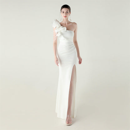 Single Shoulder Craft Beaded Nail Hair Wave Floral Satin High Slit Sexy Evening Dress Evening Cocktail Wedding by Ragazza