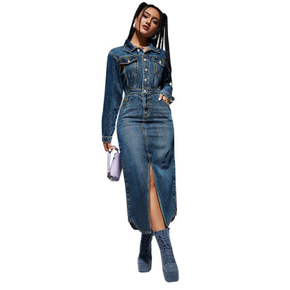Women Clothing Collared Button Long Sleeve Split Denim Maxi Dress by Ragazza